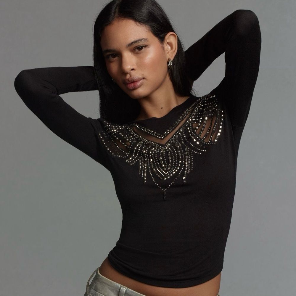 Anthropologie Black Beaded Mesh-Detail Long Sleeve Top